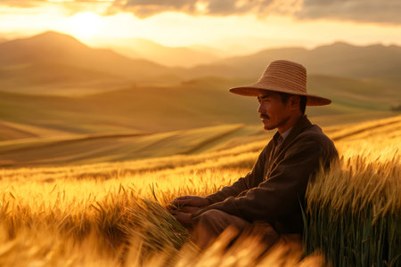 Farmer sitting and holding wheat in a golden field during sunset, reflecting on agriculture, harvest, and rural lifestyleの素材