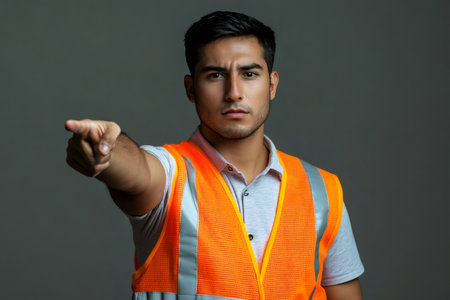 Male construction worker wearing an orange safety vest pointing a finger forward, conveying instruction, selection, or warningの素材