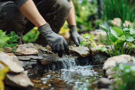 Gardener checking water flow in newly built rock lined pond and stream, gloved hands adjusting plants and stones for calm flowの素材