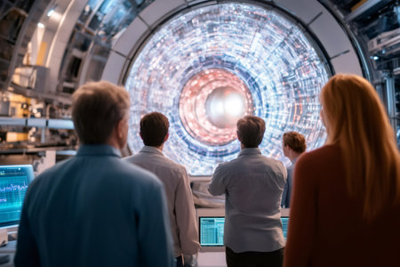 Researchers standing in a modern laboratory, looking at a futuristic glowing particle accelerator, analyzing data on computer screensの素材