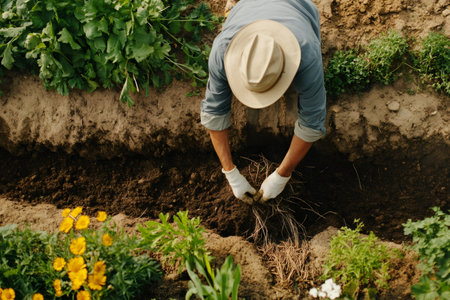 Gardener in a hat and gloves planting roots in a trench of dark, organic soil, surrounded by green plantsの素材
