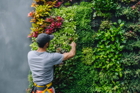 Man caring for a vibrant vertical garden, a sustainable living wall solution for urban greening and eco friendly designの素材