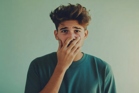 Young man covering mouth with hand, expressing feelings of surprise, shock, silence, or speechlessnessの素材