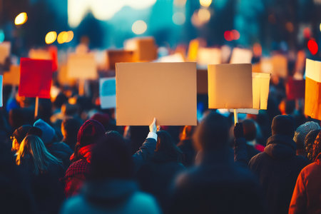 People gathered in a large crowd for a peaceful protest, raising blank placards and banners against the cityscape lightsの素材