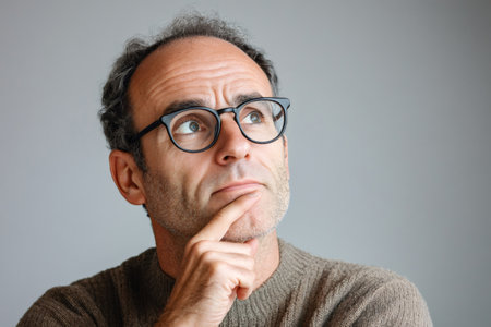 Man with glasses, focusing deeply with finger on chin, looking up. Concept of problem solving or getting a new ideaの素材