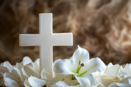 White Christian cross standing among delicate lily petals and an elegant lily flower, representing hope, new life, and spiritualityの素材