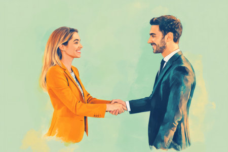 Businesswoman and businessman shaking hands in office, symbolizing partnership, trust, successful deal and professional collaborationの素材