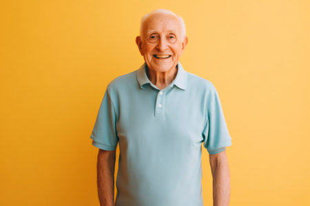 Elder man with a genuine smile looking directly at the camera, wearing a blue polo shirt against a vibrant yellow backgroundの素材