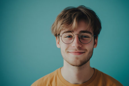 Young man wearing round glasses and an orange t shirt, smiling gently towards the camera with a cheerful expressionの素材