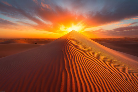 Sun bursting above a patterned sand dune in a vast desert landscape, creating a warm and tranquil sceneの素材