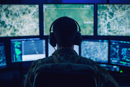 Military operator wearing headset intently monitoring multiple screens displaying data, maps, and video feeds in a dark control roomの素材