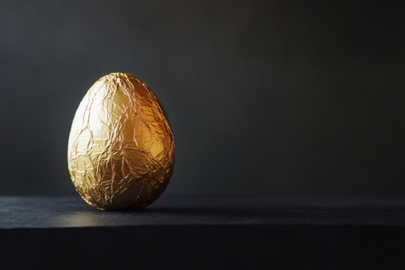 Golden foil wrapped chocolate egg resting on a textured dark surface with copy space, symbolizing value, wealth, and Easterの素材