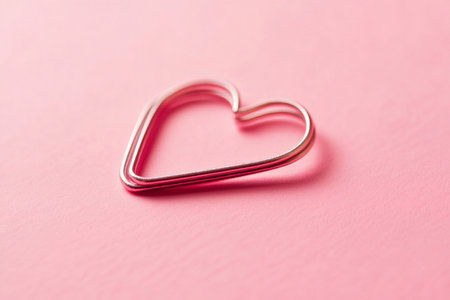 Metal paperclip shaped into a heart symbol, lying on a vibrant pink surface, representing love, connection, and office romanceの素材