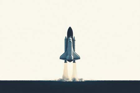 Shuttle launching, ascending towards open space, emphasizing exploration, progress, and power with its engines firingの素材