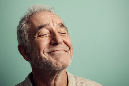 Older man expressing joy and contentment, feeling pleasure with eyes closed on a light green backgroundの素材