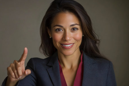 Smiling businesswoman pointing index finger, simulating interaction with a virtual screen or innovative technologyの素材