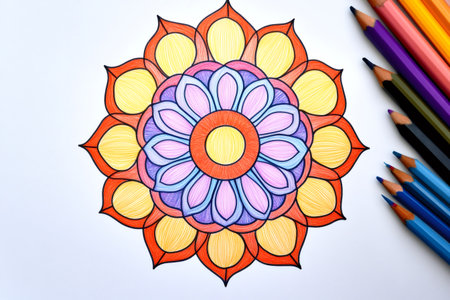 Hand drawn mandala with vibrant colors and intricate details, accompanied by a set of colored pencils, creating a visually appealing compositionの素材