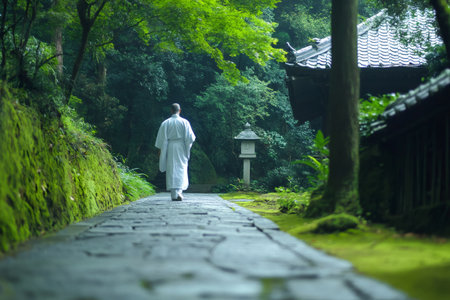 Monk walking away on a mossy stone path through a serene green forest and traditional Japanese temple groundsの素材