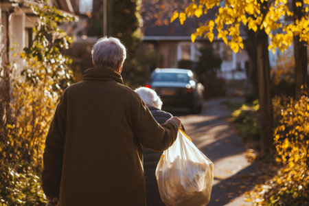 Senior individual assisting another senior by carrying a bag of groceries, walking along a sunny residential street in autumnの素材