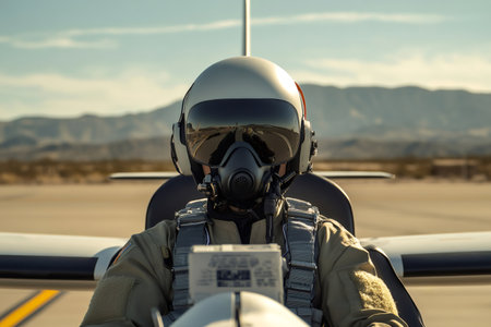 Pilot wearing an advanced flight helmet with a visor and oxygen mask, sitting in an aircraft cockpit on a runwayの素材