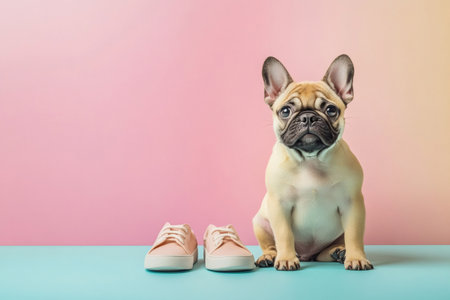 French bulldog puppy sitting beside pink baby sneakers, representing a family eagerly awaiting a new memberの素材