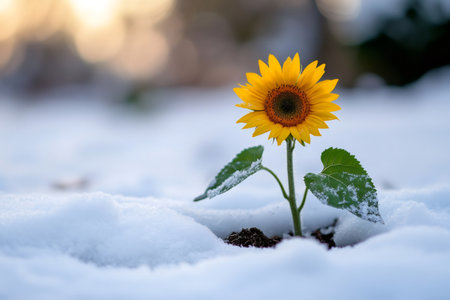 Single sunflower growing from dark soil surrounded by white snowdrifts, a symbol of hope and adapting to changeの素材