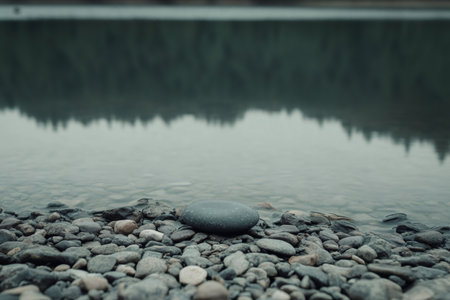Smooth gray skipping stone lying on small pebbles at a tranquil lake shore, reflecting forest in calm waterの素材