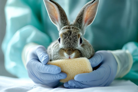 Veterinarian in scrubs and gloves gently holding a cute rabbit during a professional animal health check upの素材
