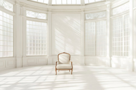 Classic style armchair alone in a luxurious white room, natural light creating long shadows on a minimalist floorの素材