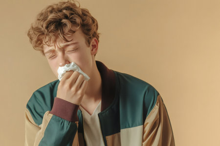 Young man wearing a jacket experiencing allergy or cold symptoms, sneezing into a crumpled tissue with eyes closedの素材