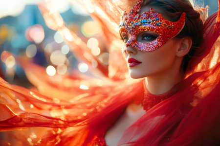 Model showcasing elegance in a flowing red dress and a shimmering carnival mask, enjoying a vibrant sunset at an outdoor celebrationの素材