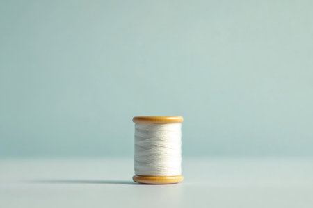 White thread spool, a basic sewing item, standing upright on a light surface with a pastel blue backgroundの素材