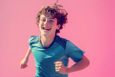 Boy in a sports jersey jogging in place against a bright pink background, conveying energy, youth, and happinessの素材