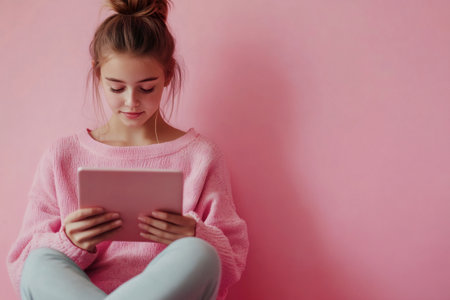 Young female student relaxing, listening to music with earphones, using a tablet for online learning or entertainmentの素材