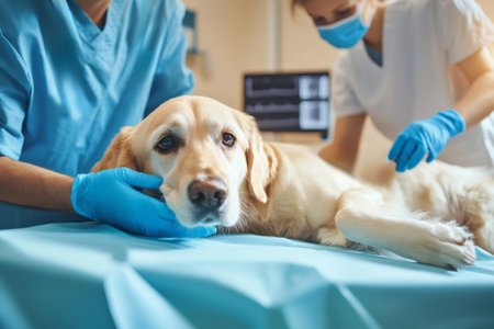 Golden retriever dog resting on an operating table while vet professionals attend, providing comforting care during an internal examinationの素材