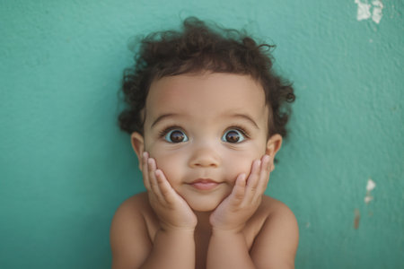Cute toddler with curly hair and wide brown eyes, pressing hands to cheeks, showing surprise and happiness on a teal backgroundの素材