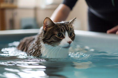 Domestic cat receiving hydrotherapy in a veterinary clinic, a vet technician assisting with wellness and rehabilitationの素材