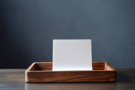 Blank white paper upright in a wooden desk tray, minimalist workspace perfect for messages, notes, mockups, and fresh design ideasの素材