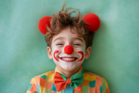 Young boy smiling, wearing colorful clown face paint, a red nose, and a cheerful bow tie against a green backgroundの素材