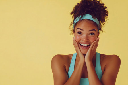 Young woman smiling with open mouth, hands on cheeks, eyes wide, expressing surprise, excitement, and happinessの素材