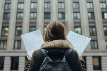 Woman standing with papers, facing a formal building. Representing bureaucracy, administration, and public servicesの素材