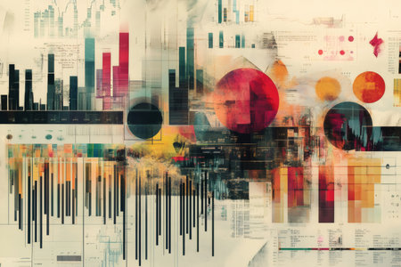 Colorful collage representing financial analytics, featuring various data charts, graphs, and analytical elements, conveying complex data visualizationの素材