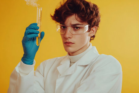Young man in lab coat, safety goggles, and blue gloves holding a smoking test tube with yellow liquid. Chemistry experiment conceptの素材