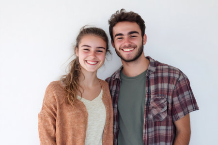 Young man and woman standing together, smiling broadly at the camera. Representing happiness, friendship, and youthの素材
