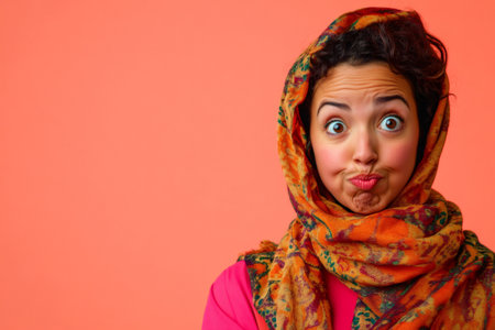 Woman with dark hair and expressive wide eyes, wearing a colorful patterned scarf and pink shirt, making a playful pouting faceの素材