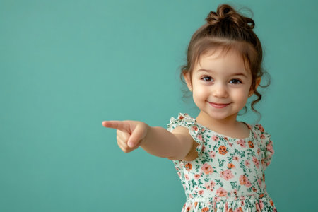 Young girl with a bun hairstyle smiling and pointing finger to the left, offering an area for informationの素材