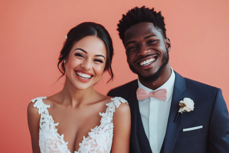 Young happy couple celebrating their wedding, smiling broadly together. They are embracing joy and a future sharedの素材