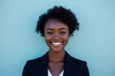 Young Black woman in a blazer standing against a blue wall, exuding happiness and professional confidenceの素材