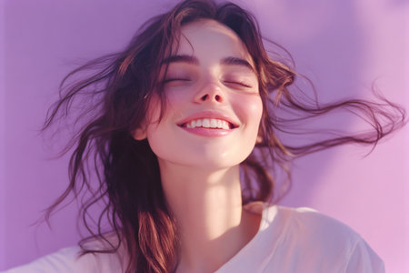 Young woman smiling with closed eyes, feeling the wind blowing through her wavy hair against a purple backgroundの素材