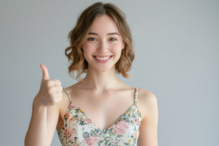 Young woman smiling, showing a positive thumbs up sign, expressing approval and satisfaction against a plain backgroundの素材